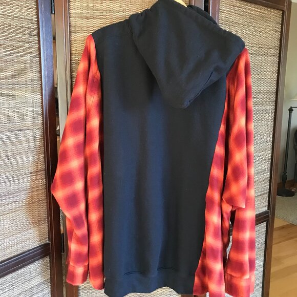 Upcycled Pullover Hoodie, Plus Size: Patchwork Flannel Sweatshirt, Red Plaid - Picture 12 of 13